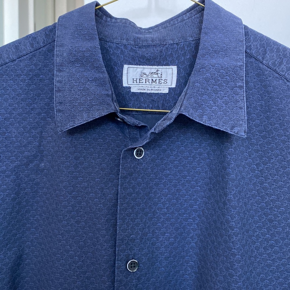 Hermes Men's Blue Unique Texture Button Down Shir… - image 1
